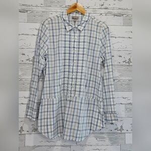 J jill Half Button Tunic Shirt Medium Plaid Blue Long Sleeves Costal